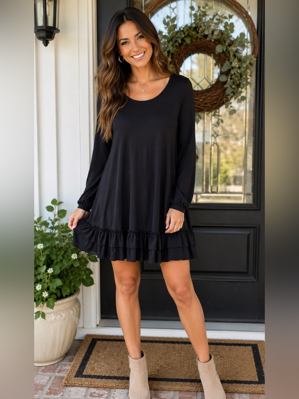 Easel Black Flowy Ruffle Hem Tunic Mini Dress Long Sleeve Boho